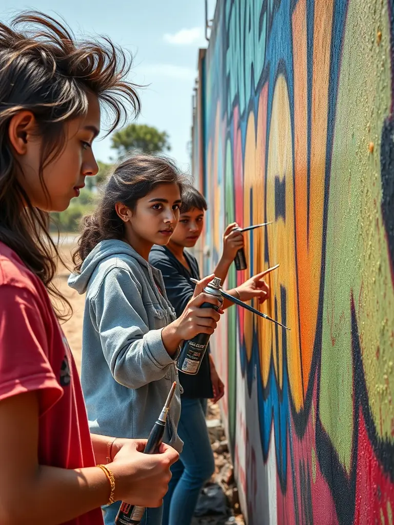 A photograph capturing a group of young artists participating in a collaborative mural painting project during one of EVENEMENTS A PART's community workshops, showcasing their creativity and teamwork.