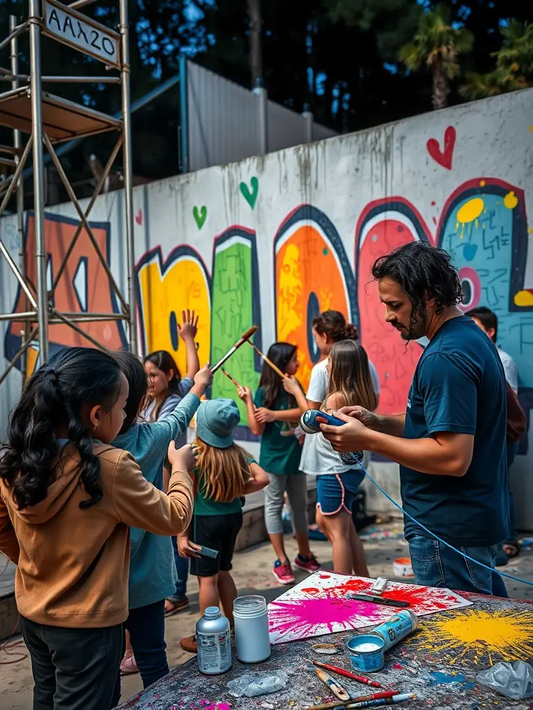A photo of children and adults working together on a community mural project, enhancing the aesthetic appeal of a rural village.