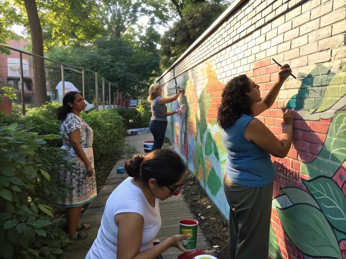 A heartwarming photograph of people of different generations working together on an art project, symbolizing intergenerational connections and community collaboration.