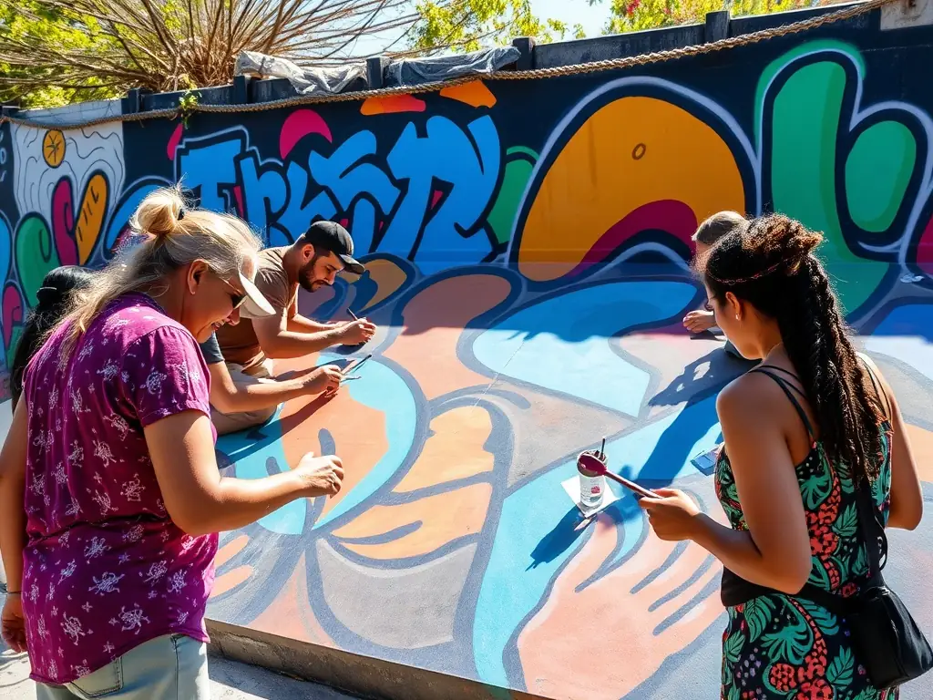 A vibrant photograph capturing a group of young artists participating in a mural painting workshop in a rural village, showcasing their collaborative spirit and artistic expression.