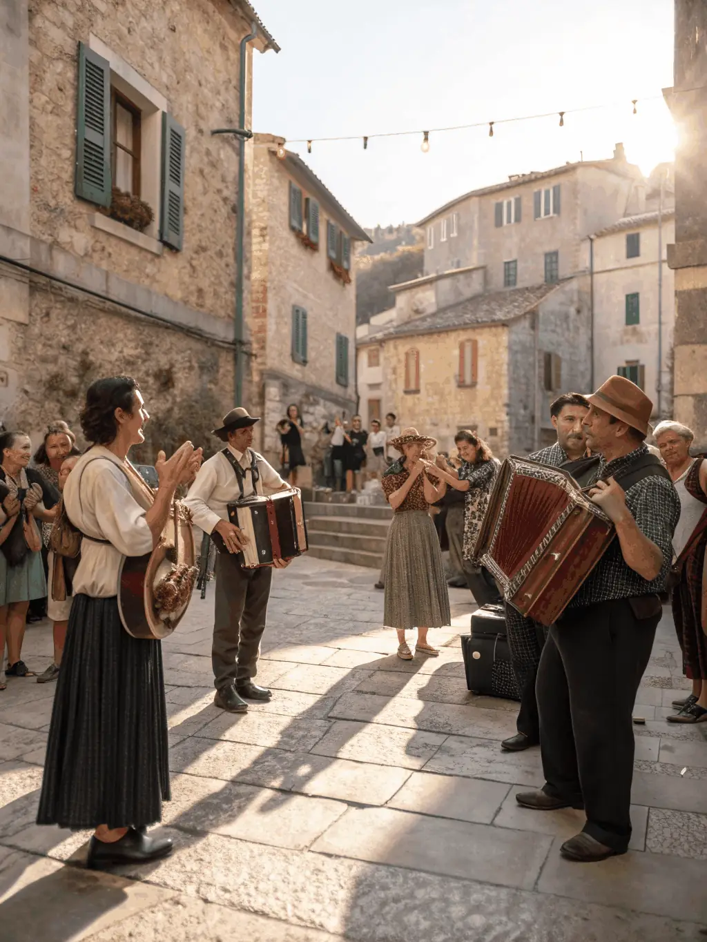 An image depicting a traditional music performance held in a historic village square, organized by EVENEMENTS A PART to celebrate local heritage and cultural traditions.