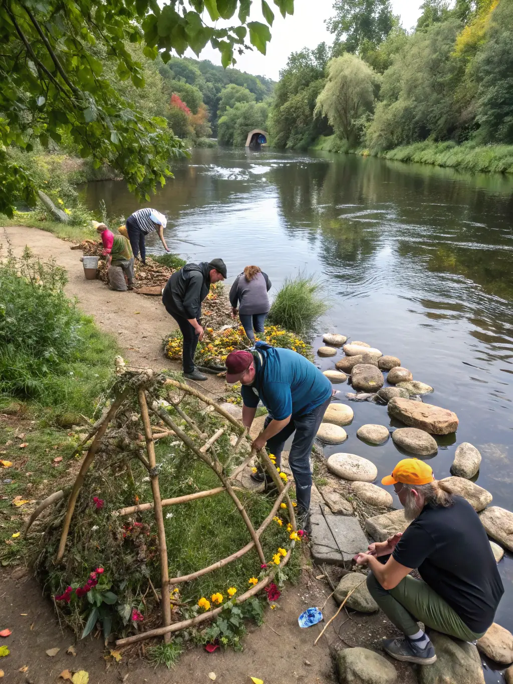 A photo showing participants of all ages engaged in an environmental art project, using recycled materials to create sculptures that raise awareness about environmental issues.