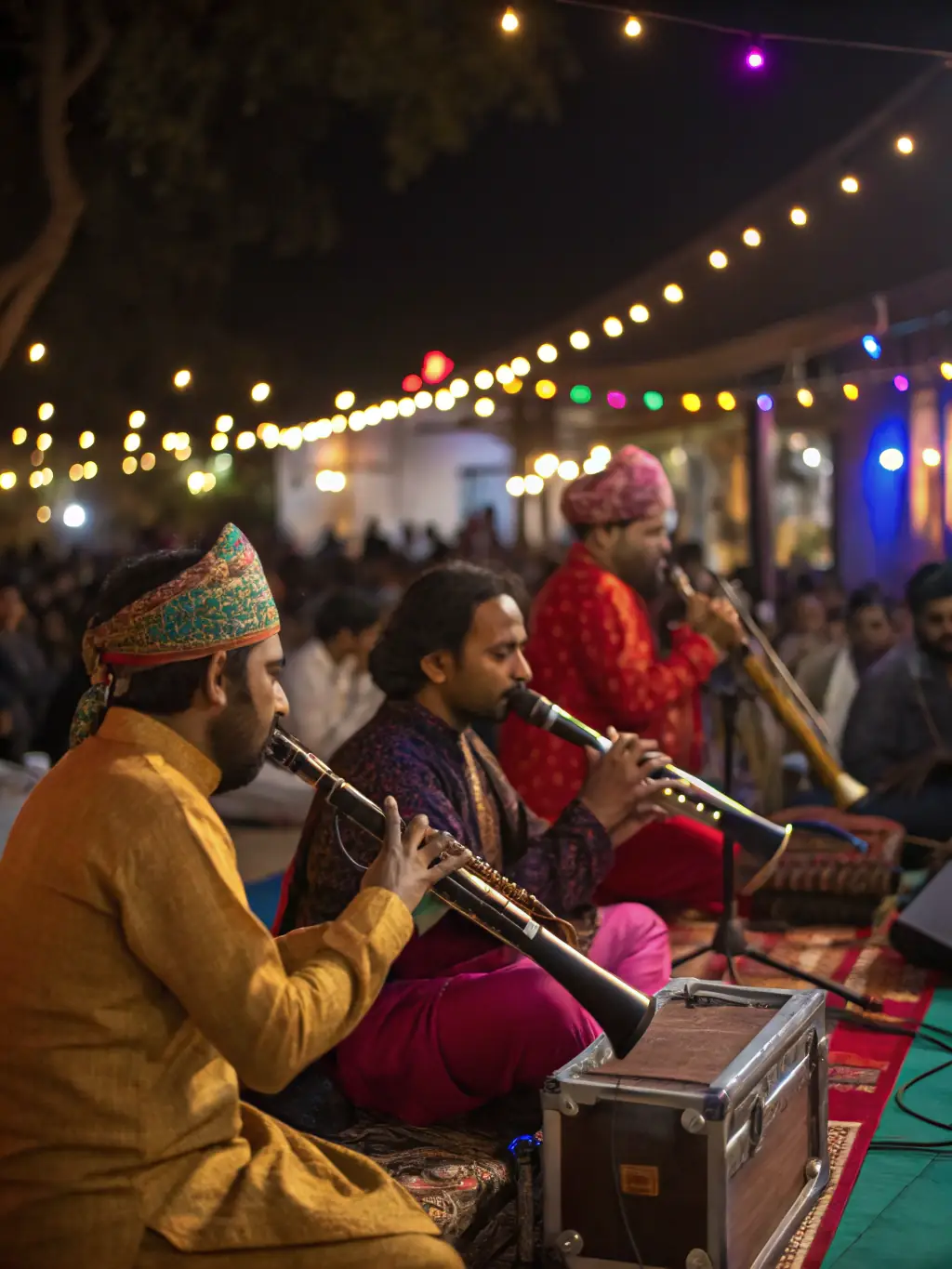 A photo of a traditional music performance during a cultural festival organized by EVENEMENTS A PART, featuring local musicians playing traditional instruments and engaging with the audience.