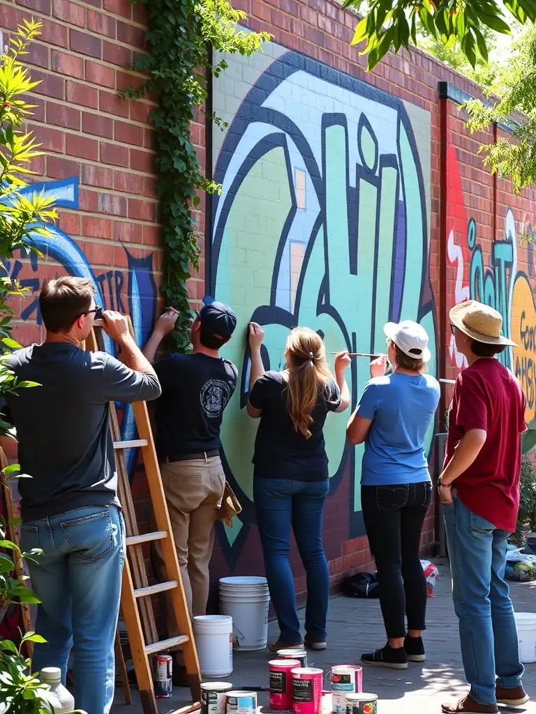 A photograph capturing a group of young artists participating in a mural painting workshop organized by EVENEMENTS A PART in a rural village, showcasing their collaborative effort and creative expression.